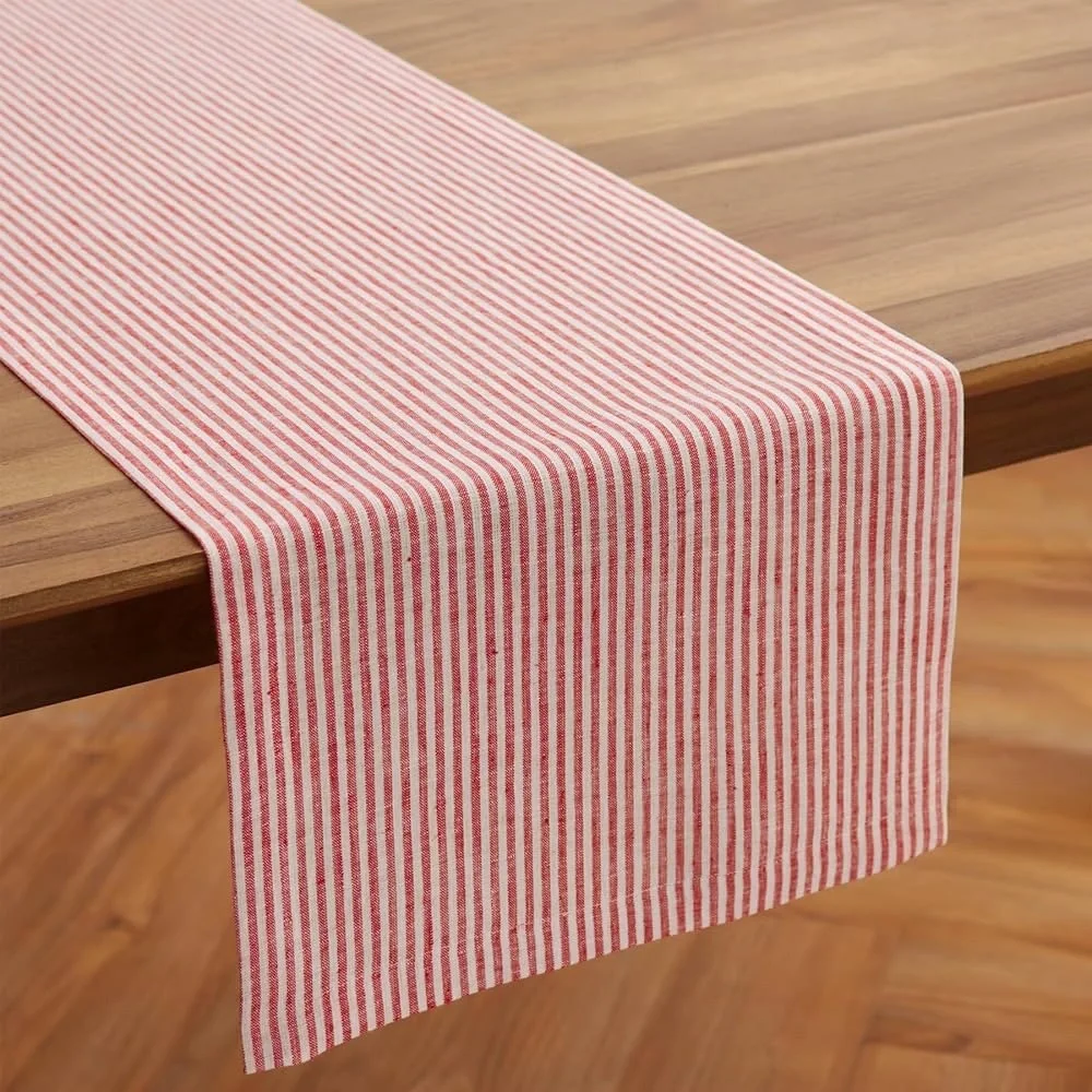 Solino Home Linen Table Runner 100% Pure Linen Red & White Farmhouse  14 x 48
